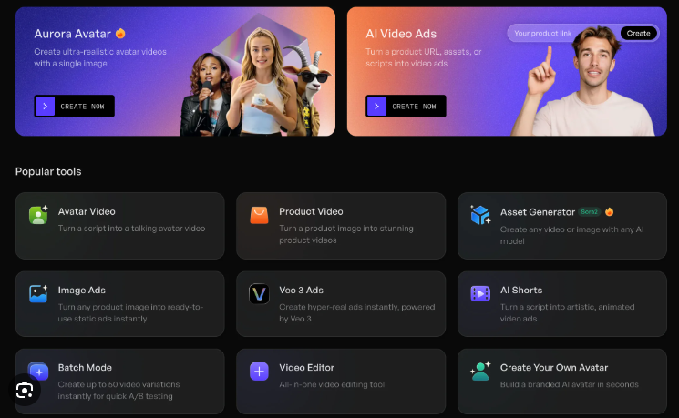 Screen showing AI video ad generator interface with editing tools.