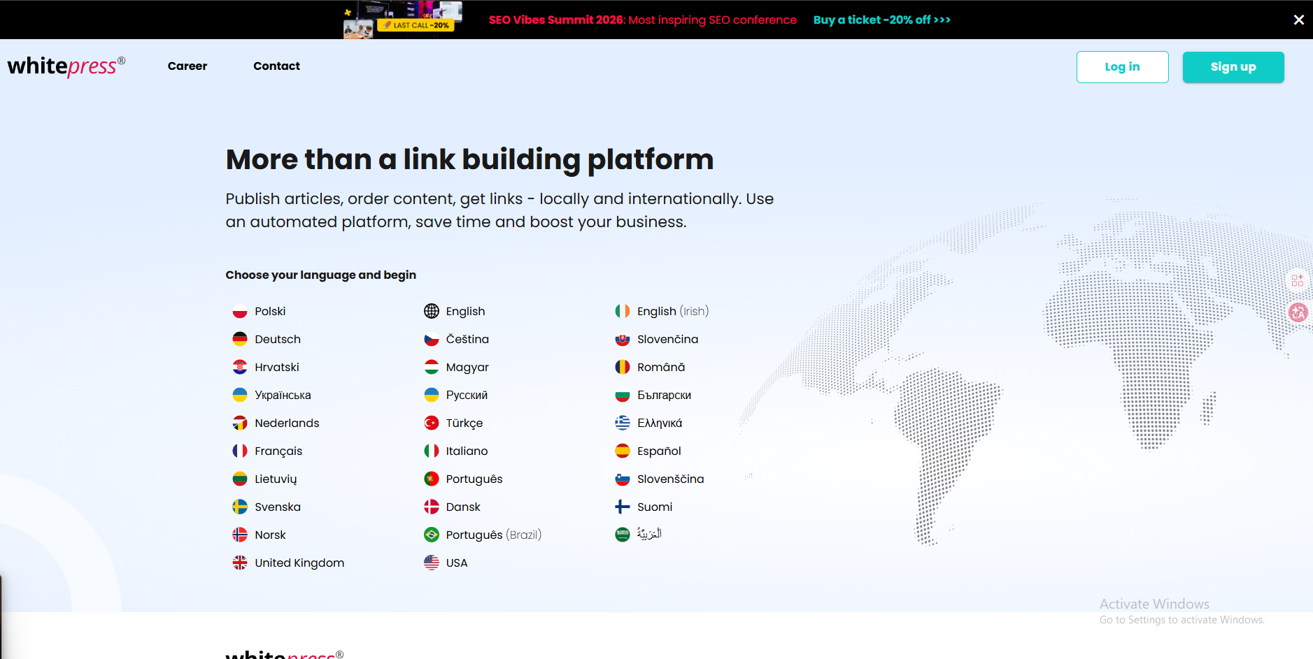WhitePress content distribution platform dashboard and SEO metrics