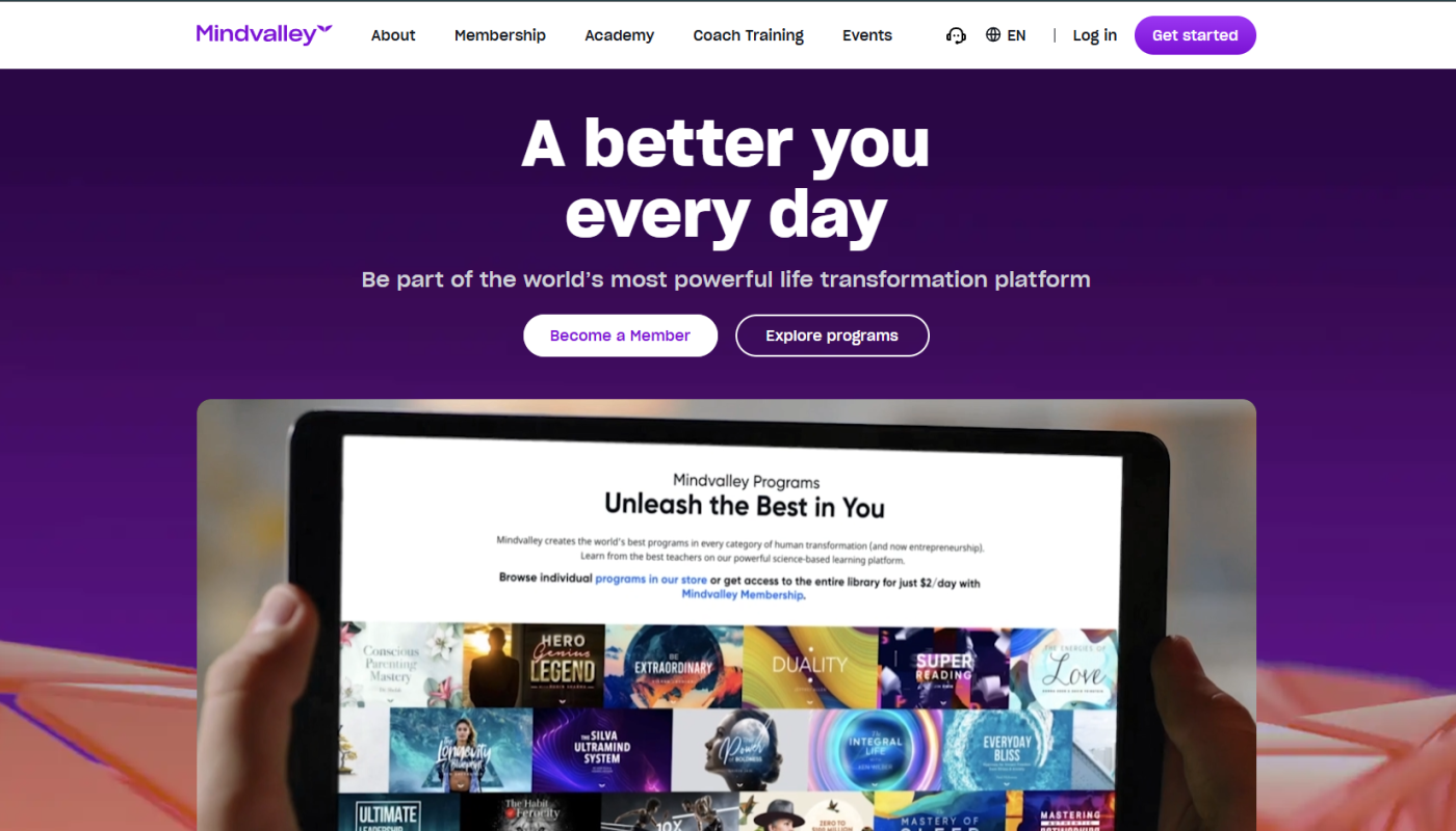 Mindvalley review 2024 featuring various course categories and platform interface