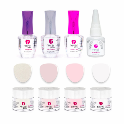 Revel Nail review: A starter kit displayed with various dip powder colors and liquids.
