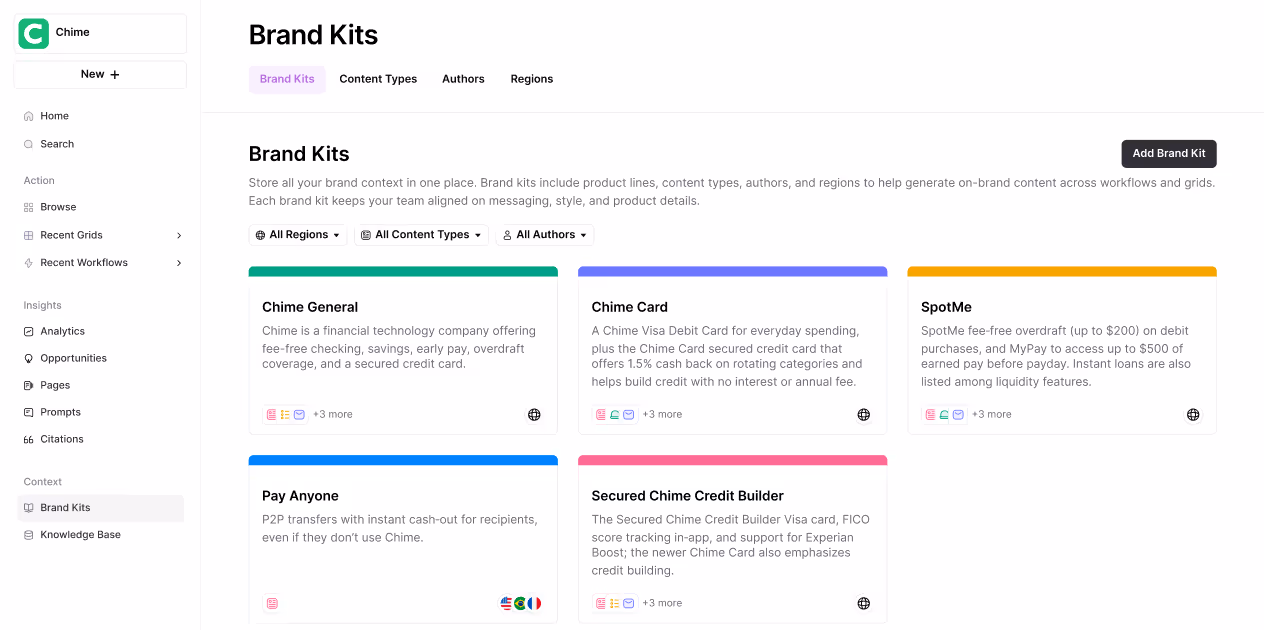 AirOps Brand Kits interface showing separate brand cards for different customer accounts with pay and save actions