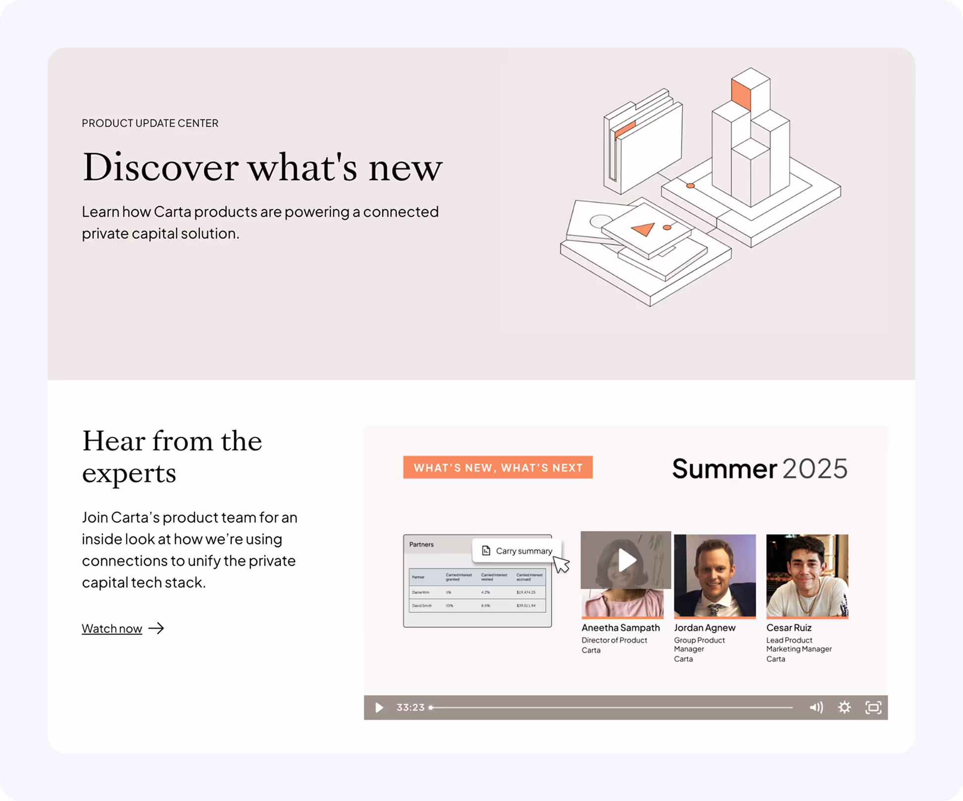 Carta Product Update Center page, part of the regulated financial content AirOps helps Carta scale