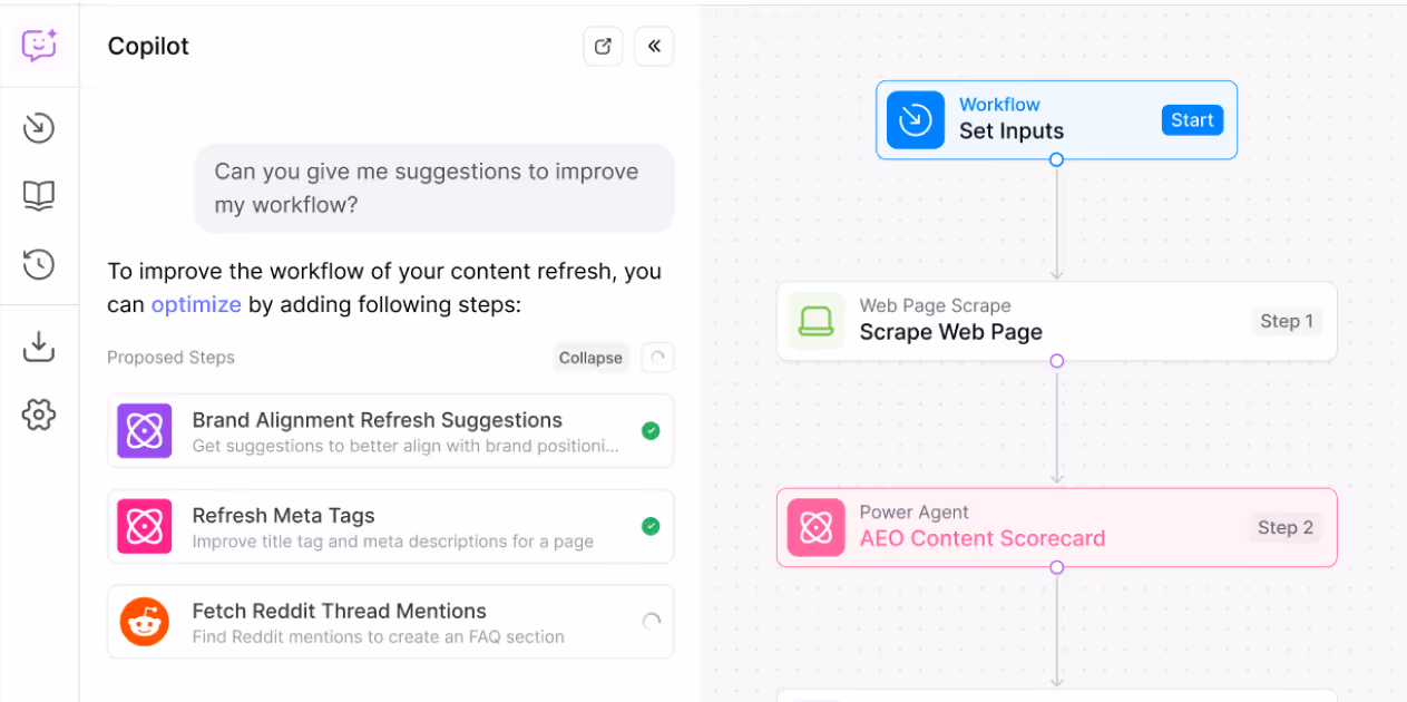 AirOps Copilot suggesting AI Search optimization improvements including brand alignment refresh and AEO content scorecard