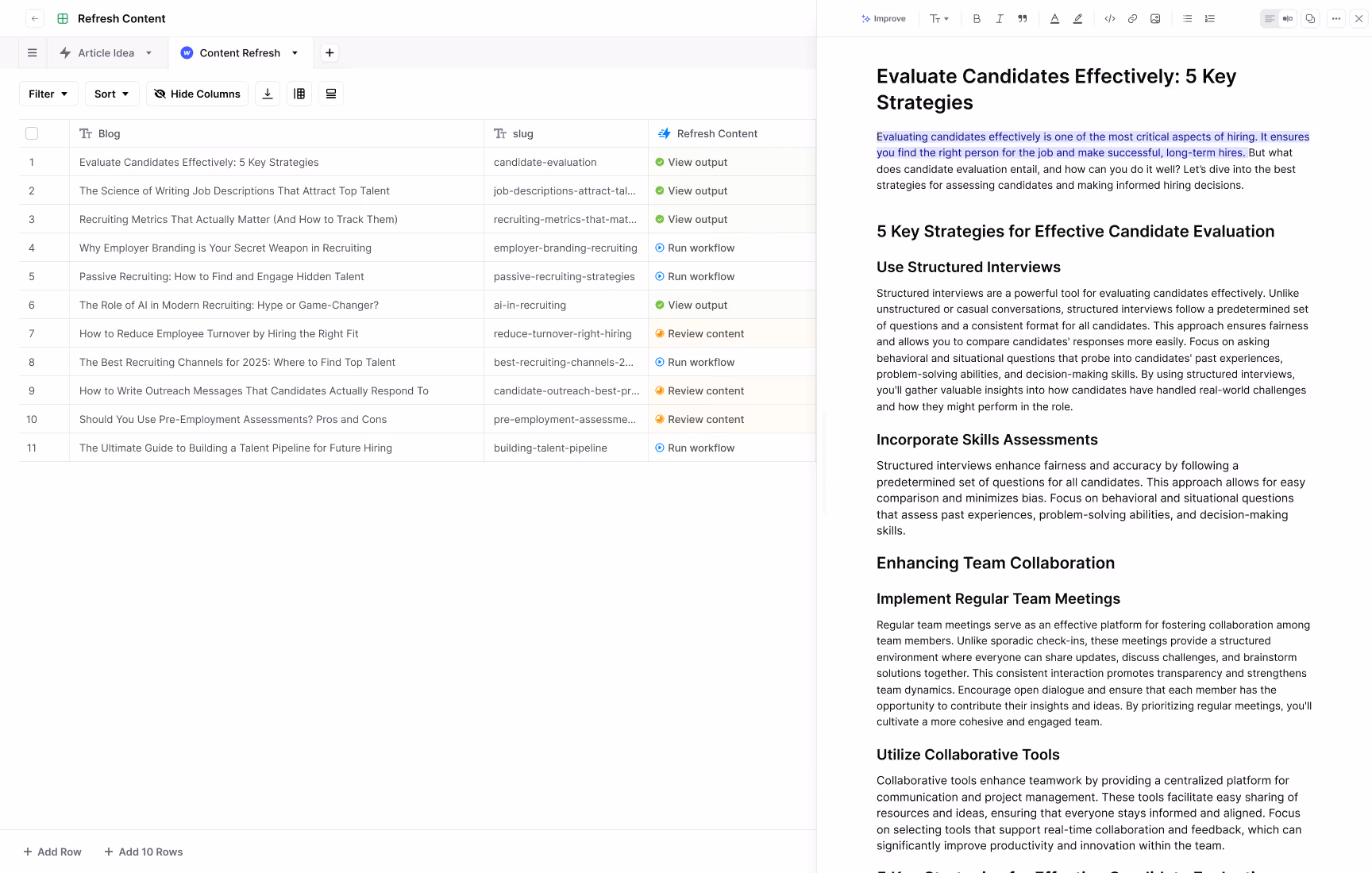 AirOps Grid view of a Content Refresh workflow with a list of blog posts and a live draft article open for review