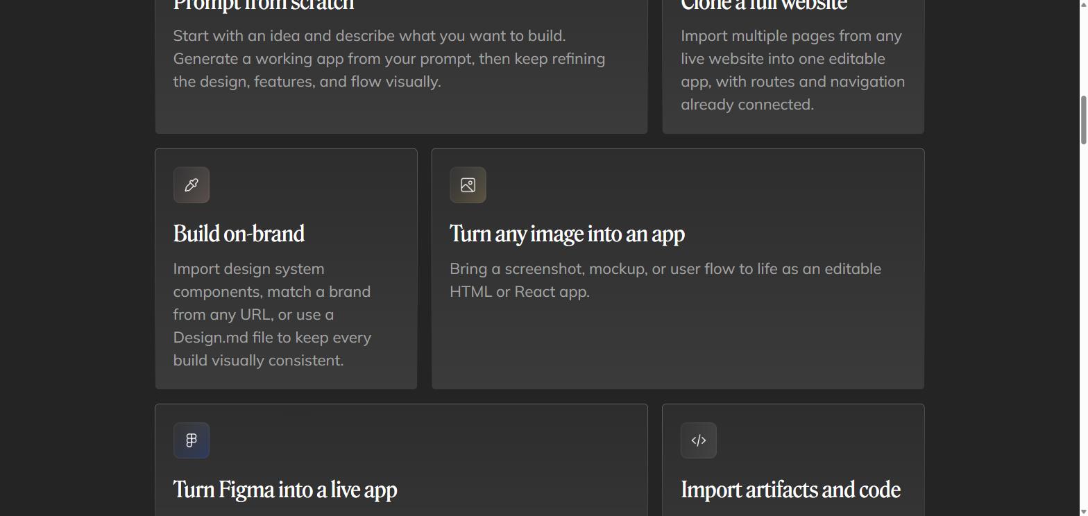 Anima AI feature grid: prompt from scratch, clone website, build on-brand, image to app