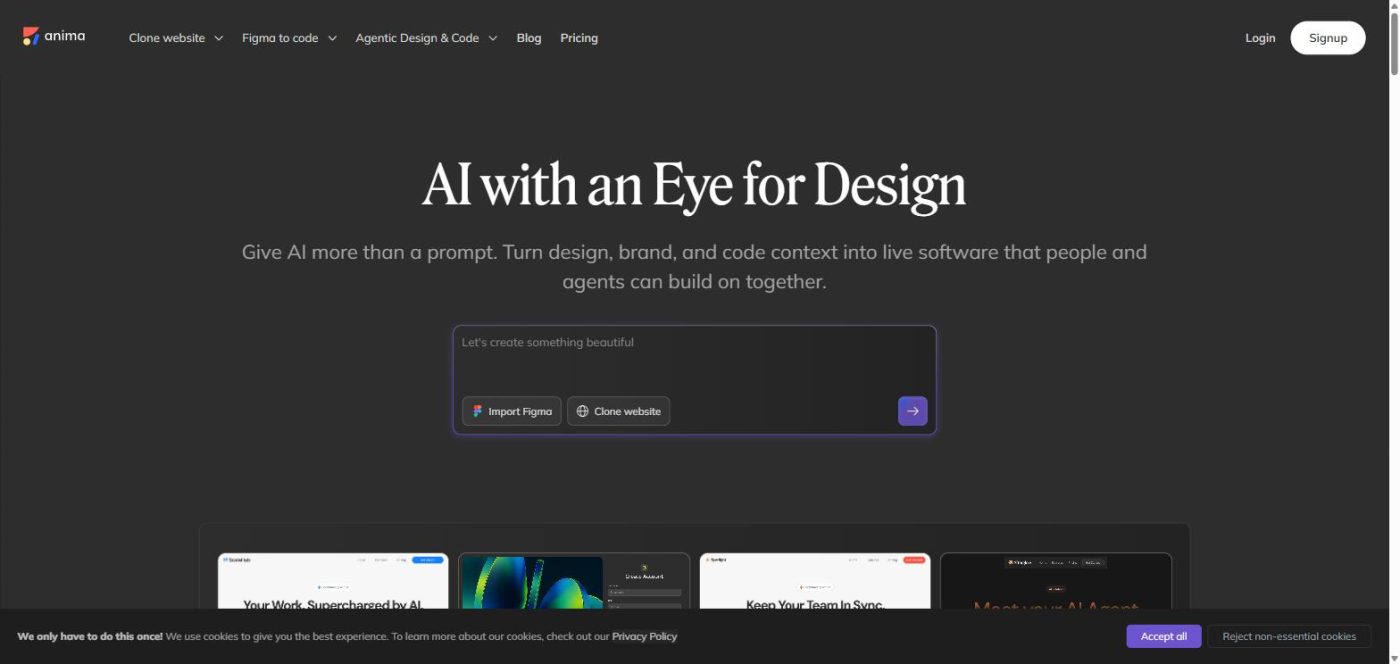 Anima AI homepage hero showing the prompt box and template previews