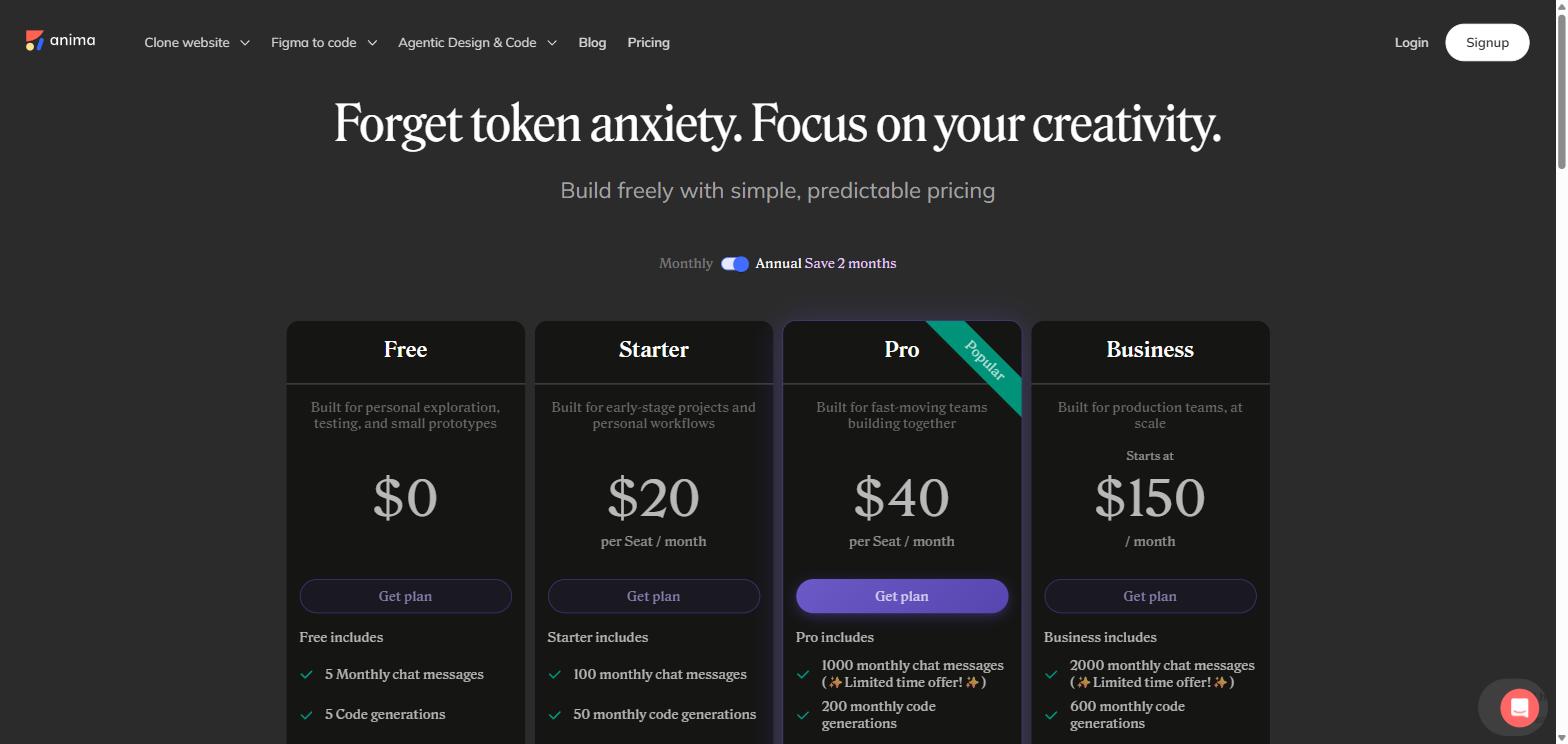 Anima AI pricing plans: Free, Starter, Pro, and Business tiers