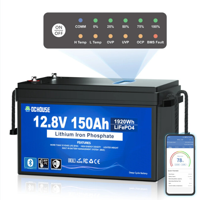 DC House Power 12V 150Ah LiFePO4 battery with Bluetooth monitoring