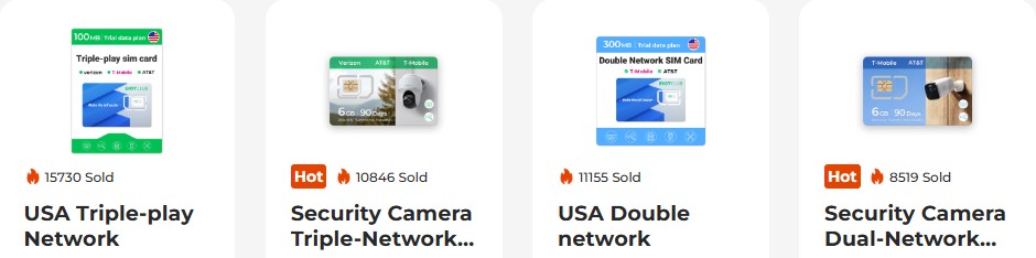 EIOTCLUB SIM card plans - USA Triple-play, Security Camera, and Double Network options