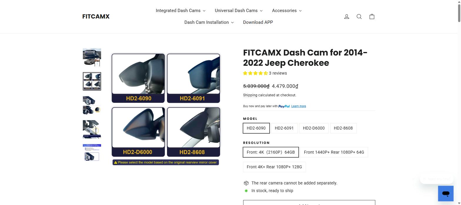 FITCAMX product page showing the four Jeep Cherokee mirror housing options: HD2-6090, HD2-6091, HD2-D6000, HD2-8608