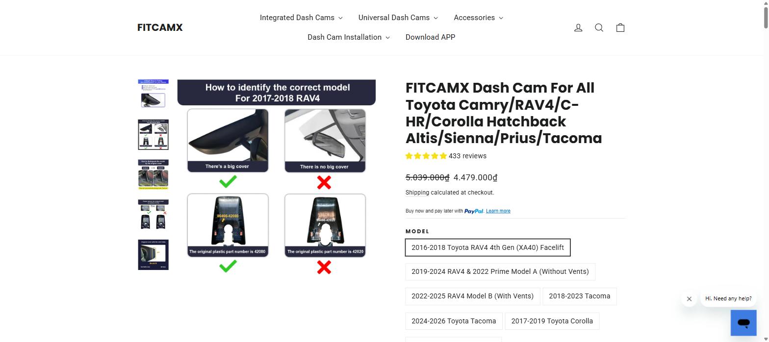 FITCAMX product page showing Toyota model selection and pricing