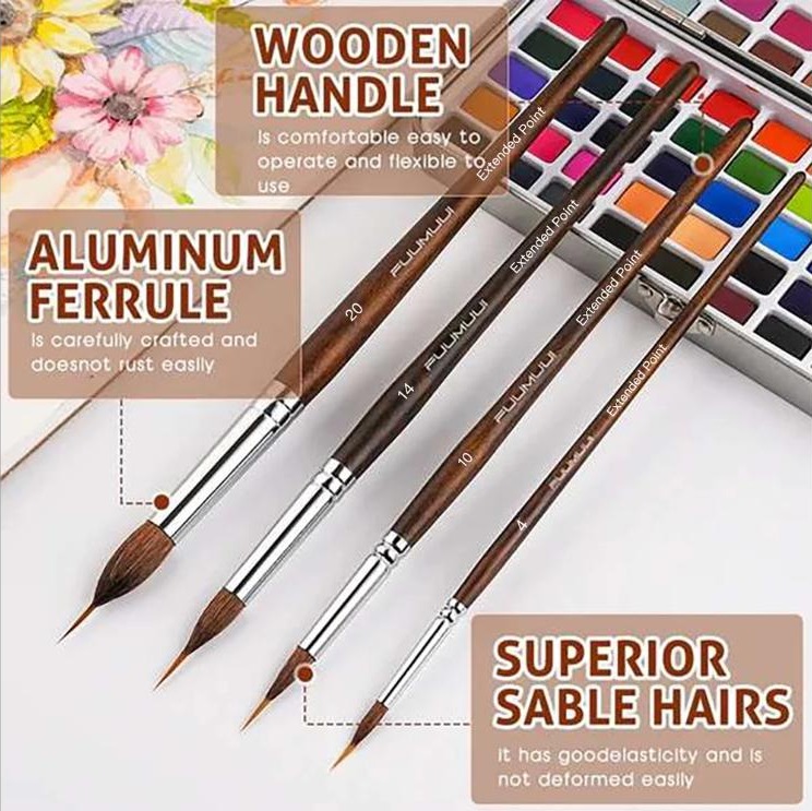 Fuumuui Sable Brushes construction - wooden handle, aluminum ferrule, and sable hair detail