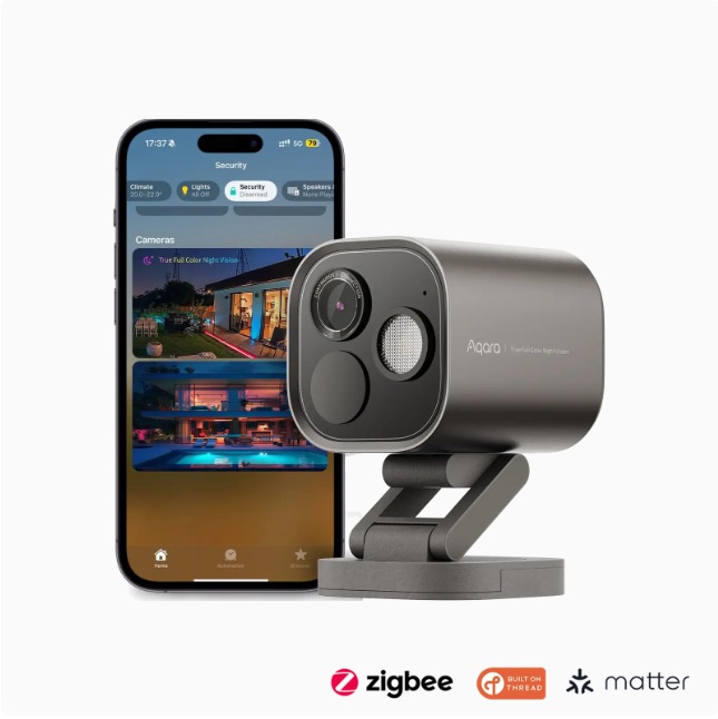 Aqara Camera Hub G5 Pro with companion app and protocol badges