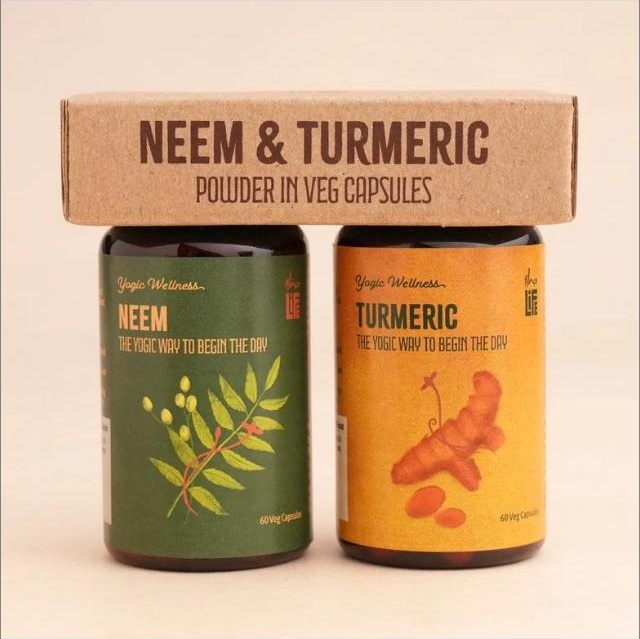 Isha Life Neem and Turmeric Capsules bottles with Neem and Turmeric box