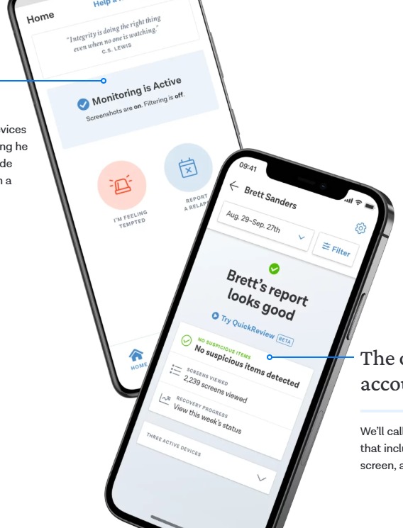 Ever Accountable app showing monitoring status and a weekly accountability report