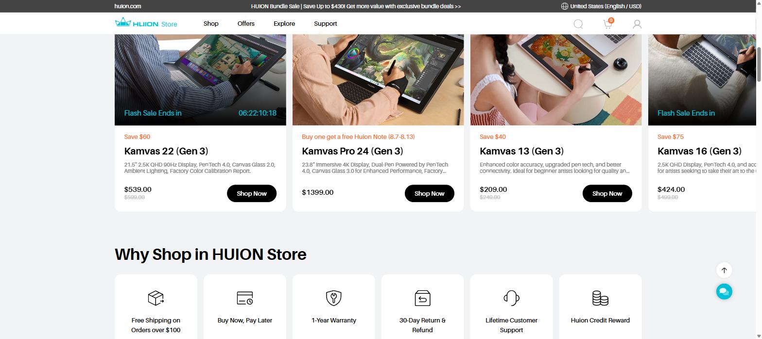 Huion Store product lineup and trust badges for shoppers