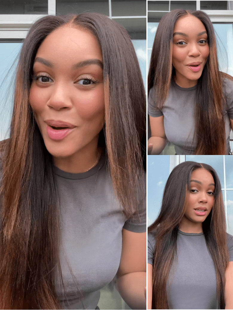 Klaiyi Ombre Chestnut Brown Yaki Straight wig close-up showing texture and color