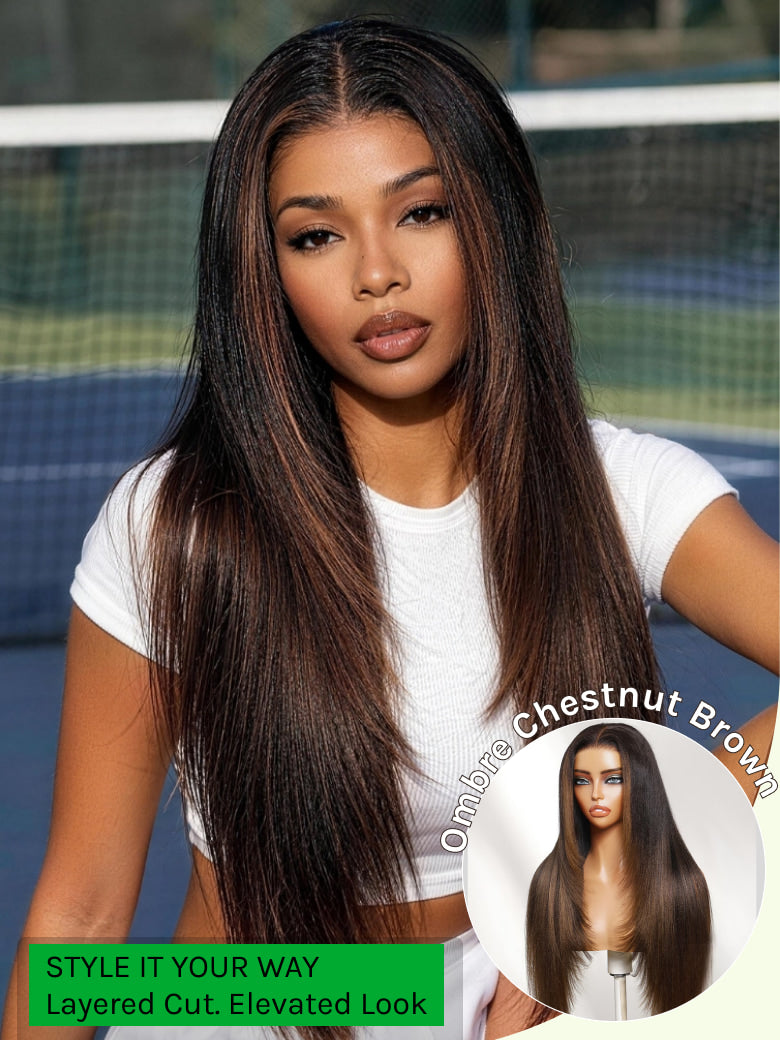 Klaiyi Ombre Chestnut Brown wig worn showing natural-looking hairline and part