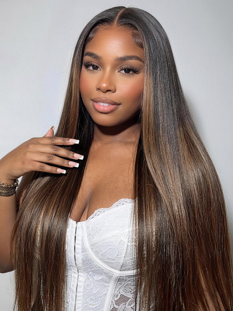 Klaiyi Ombre Chestnut Brown Yaki Straight wig styled with soft waves