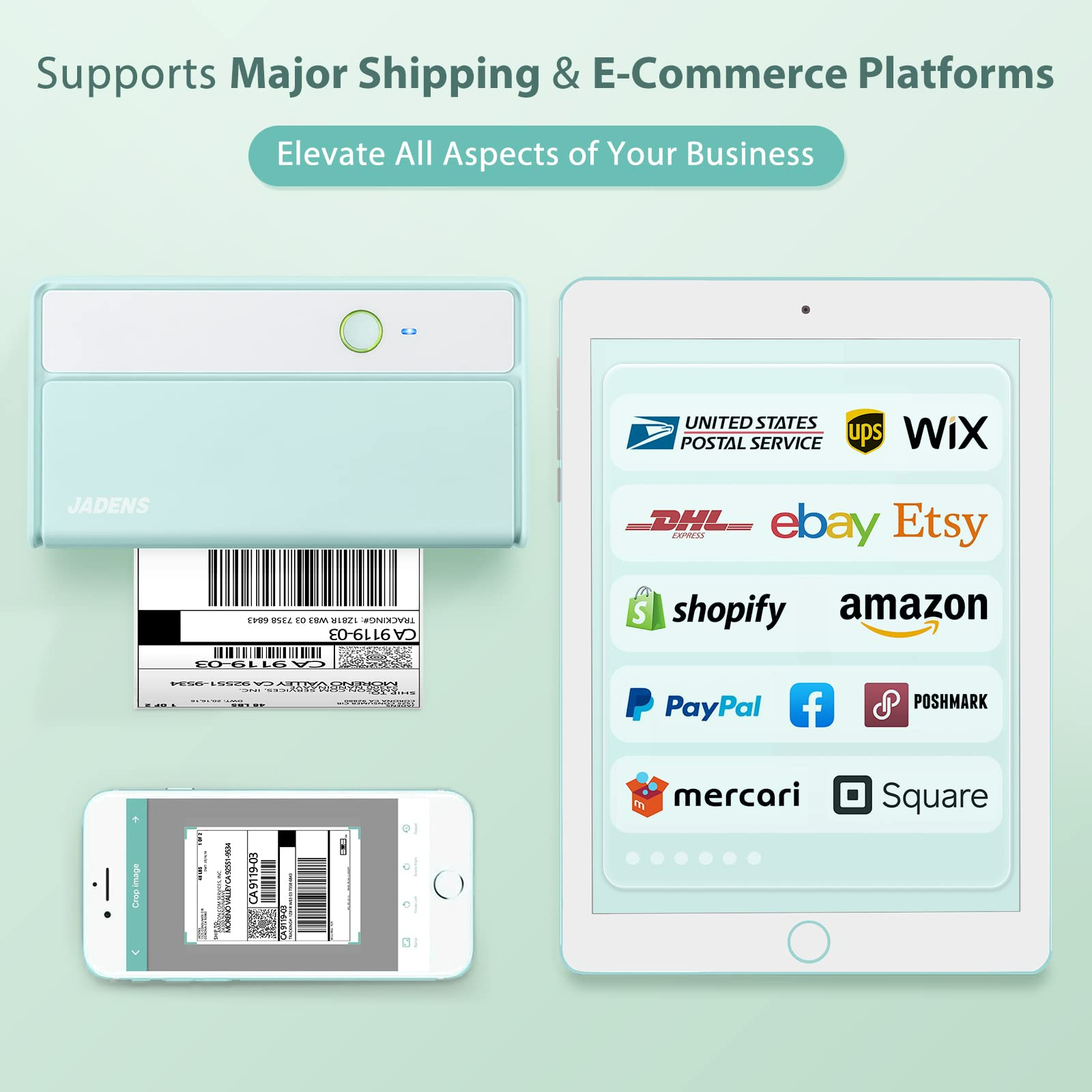 JADENS 468BT compatibility with Amazon, UPS, DHL, and Shopify shipping platforms