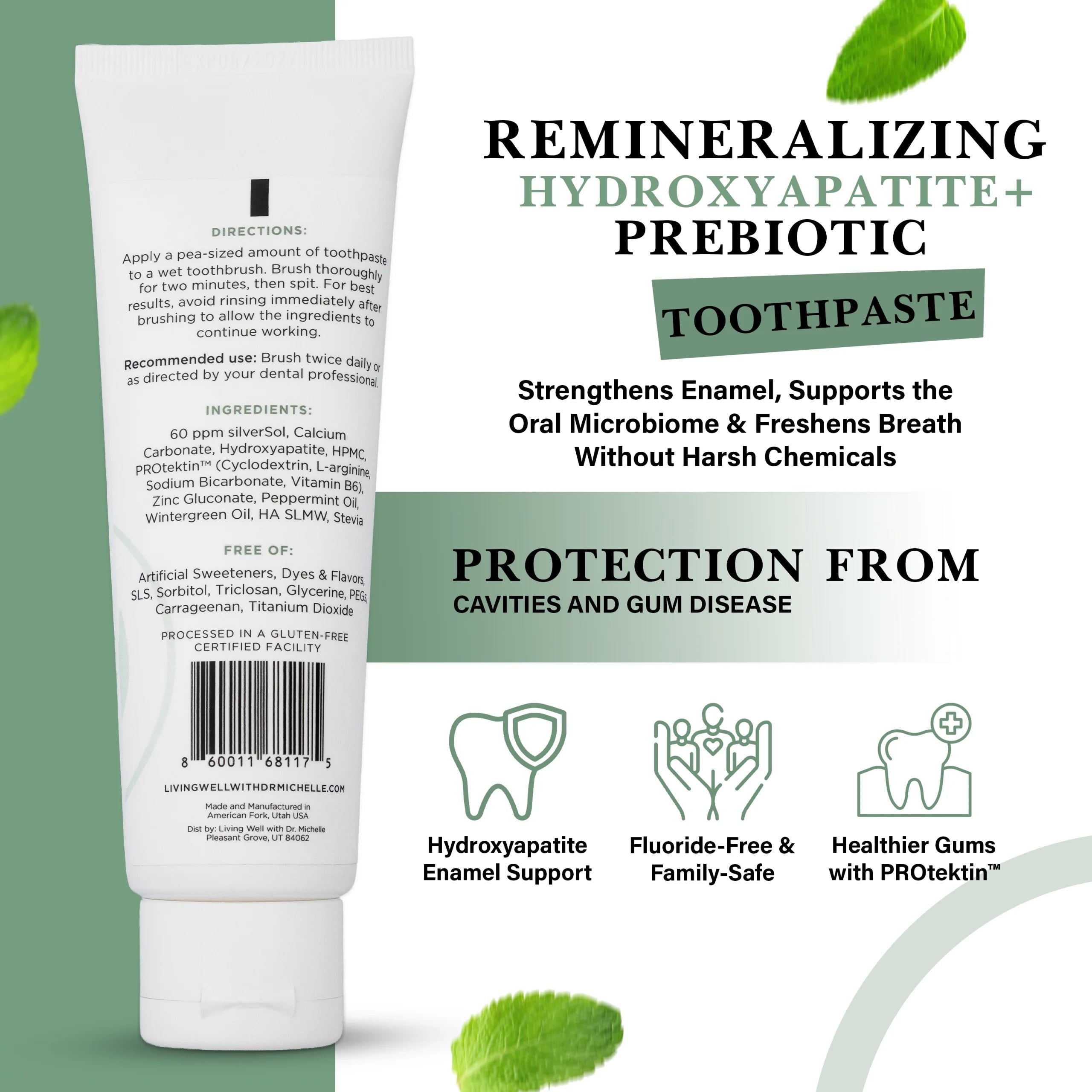 Living Well Toothpaste hydroxyapatite and prebiotic ingredient highlights