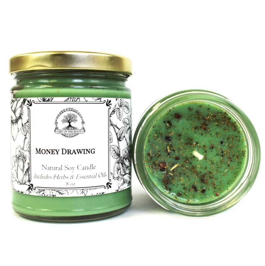 Art of the Root Money Drawing soy candle with herbs and essential oils