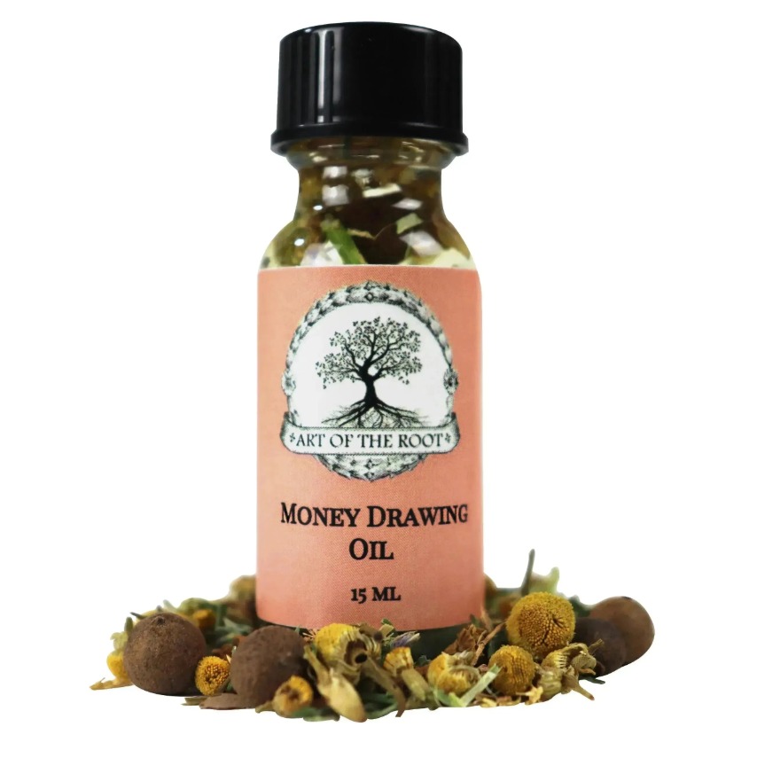 Art of the Root Money Drawing Oil bottle surrounded by dried herbs