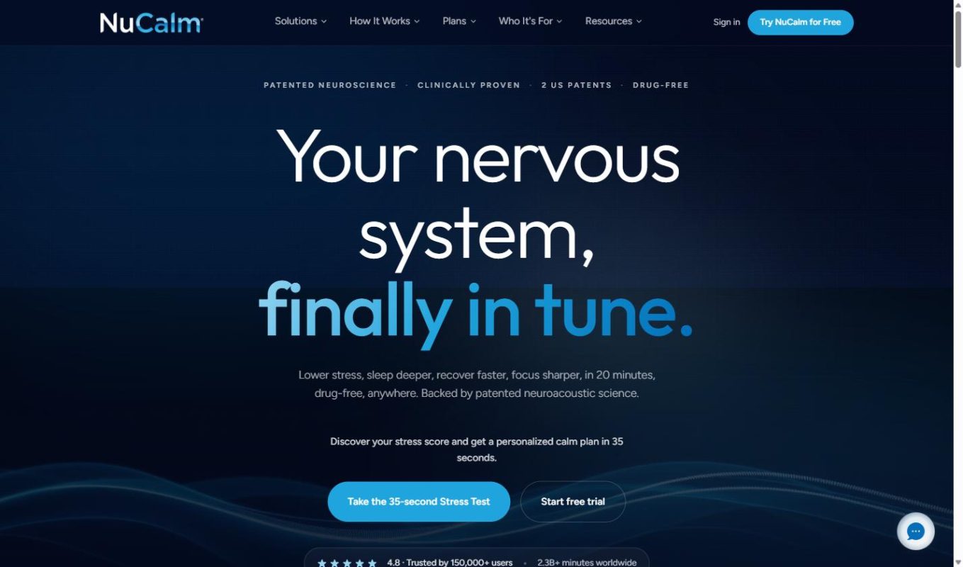 NuCalm homepage overview showing the nervous system relaxation app