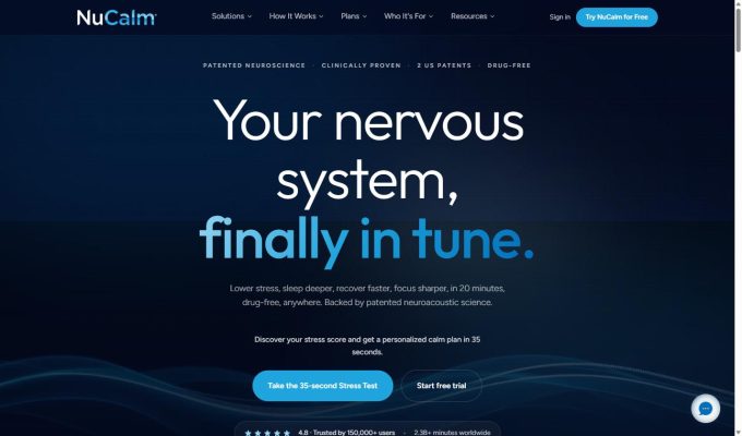 NuCalm homepage overview showing the nervous system relaxation app
