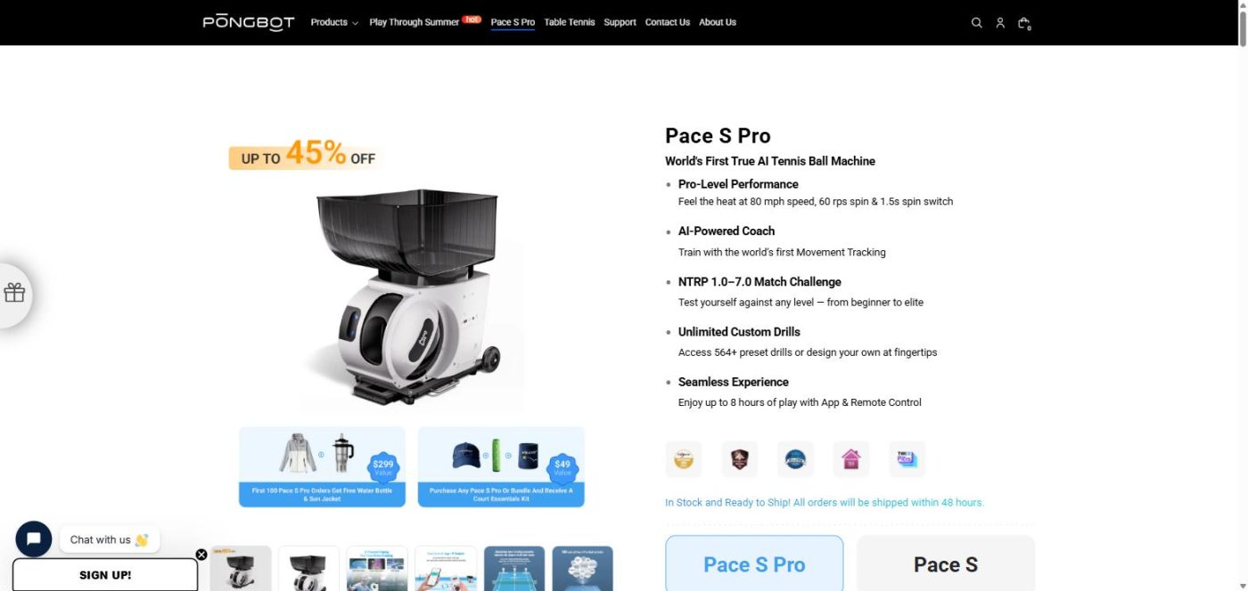 PongBot Pace S Pro AI tennis ball machine hero product shot