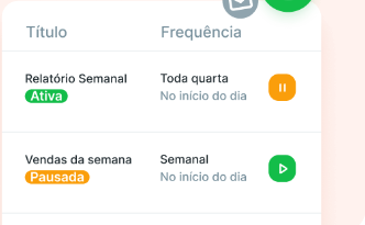 Reportei automated report scheduling list showing weekly reports sent by WhatsApp and email