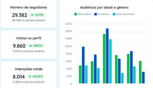 Reportei real-time dashboard showing follower growth and audience demographics