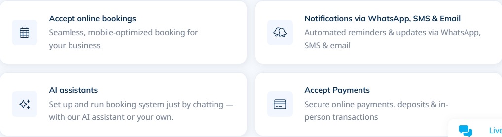 SimplyBook.me core features: online bookings, notifications, AI assistants and payments