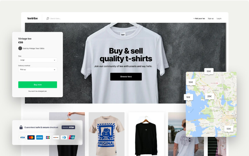 Example product marketplace built with Sharetribe, showing a t-shirt buy-and-sell storefront with secure checkout