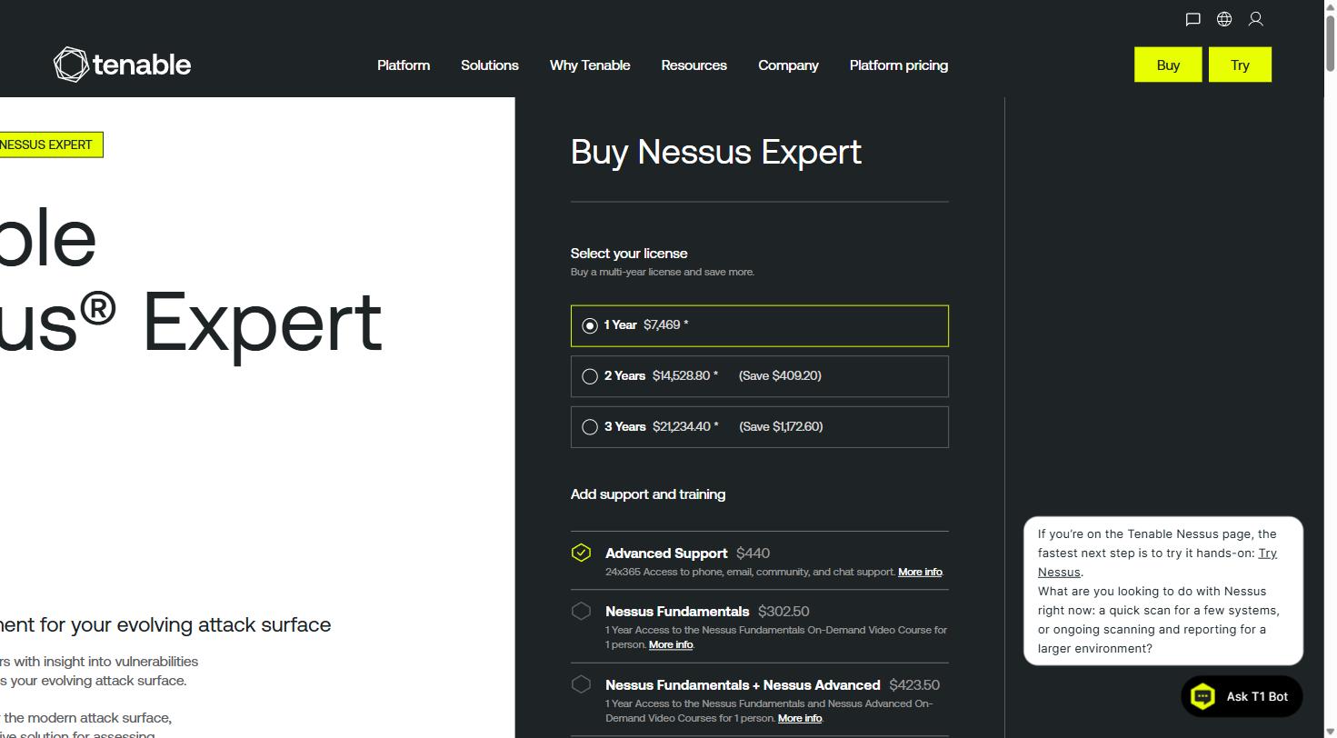 Tenable Nessus Expert pricing plans
