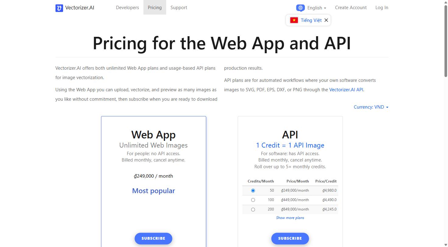 Vectorizer.AI pricing page compared to alternatives