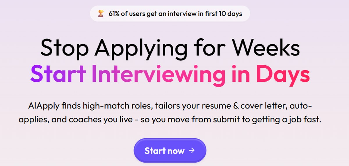 AIApply auto apply homepage headline claiming 61 percent of users get an interview in the first 10 days