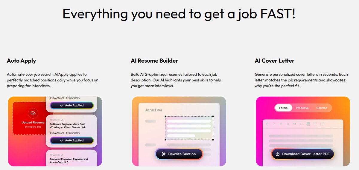 AIApply toolkit showing Auto Apply, AI Resume Builder and AI Cover Letter side by side
