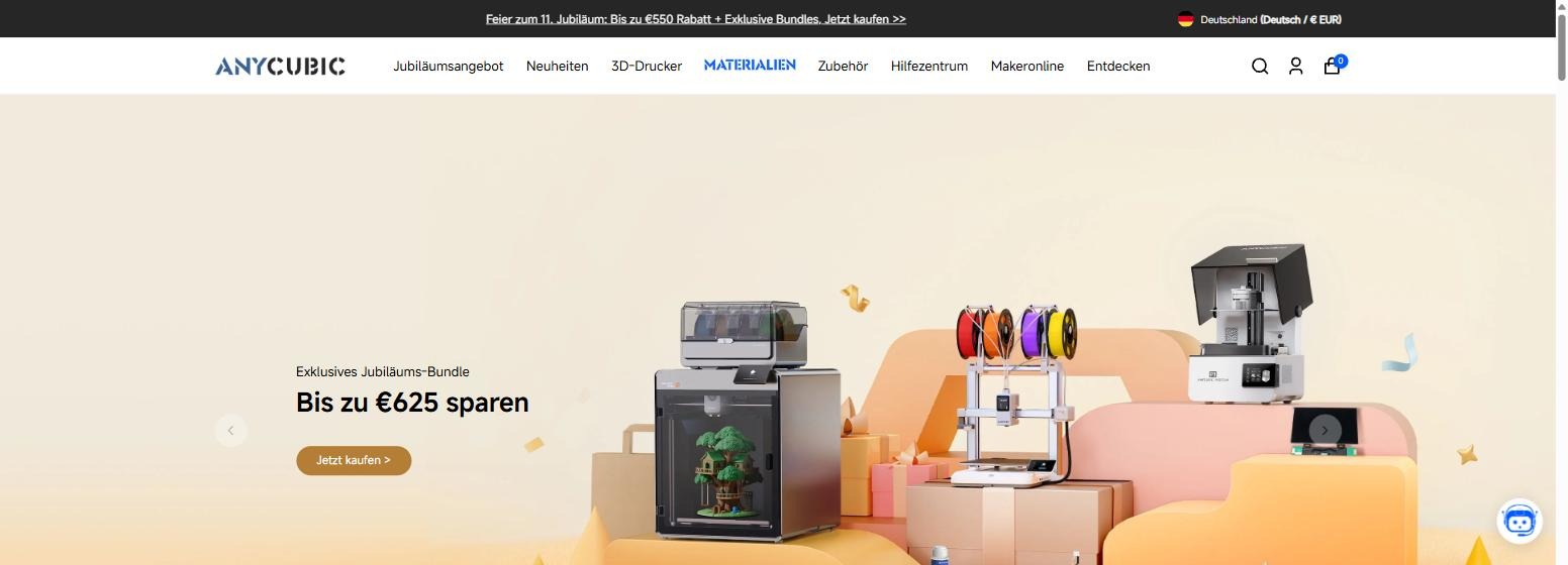 Anycubic German official store homepage with 11th anniversary bundle offer
