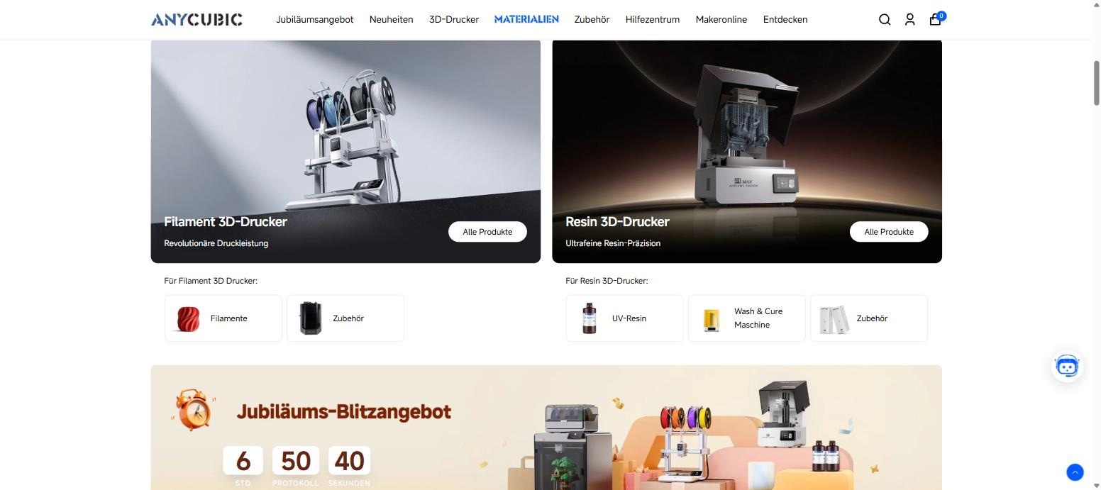 Anycubic filament and resin 3D printer categories with filament, UV resin and wash and cure accessories
