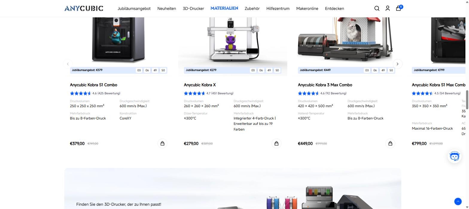 Anycubic Kobra 3D printer lineup with build volumes, 600 mm per second speeds, ratings and anniversary prices
