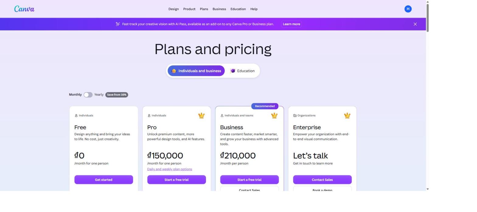 Canva plans and pricing page showing Free Pro Business and Enterprise tiers