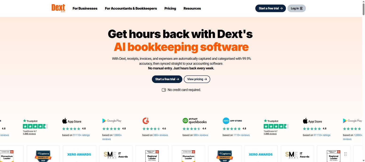 Dext AI bookkeeping software homepage with App Store, Google Play, G2 and Trustpilot ratings