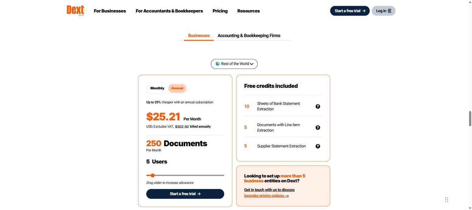 Dext pricing for businesses showing the 250 documents and 5 users plan with free credits