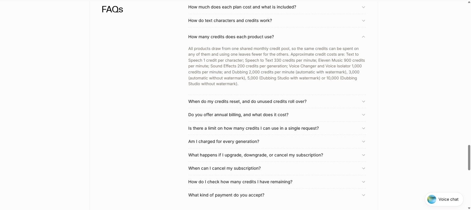 ElevenLabs pricing FAQ listing credit costs per product including 10,000 credits per minute for Dubbing Studio