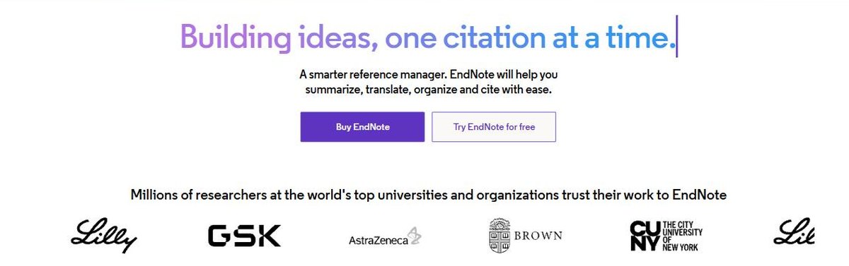 EndNote homepage with logos of GSK AstraZeneca Brown CUNY and Lilly that trust EndNote