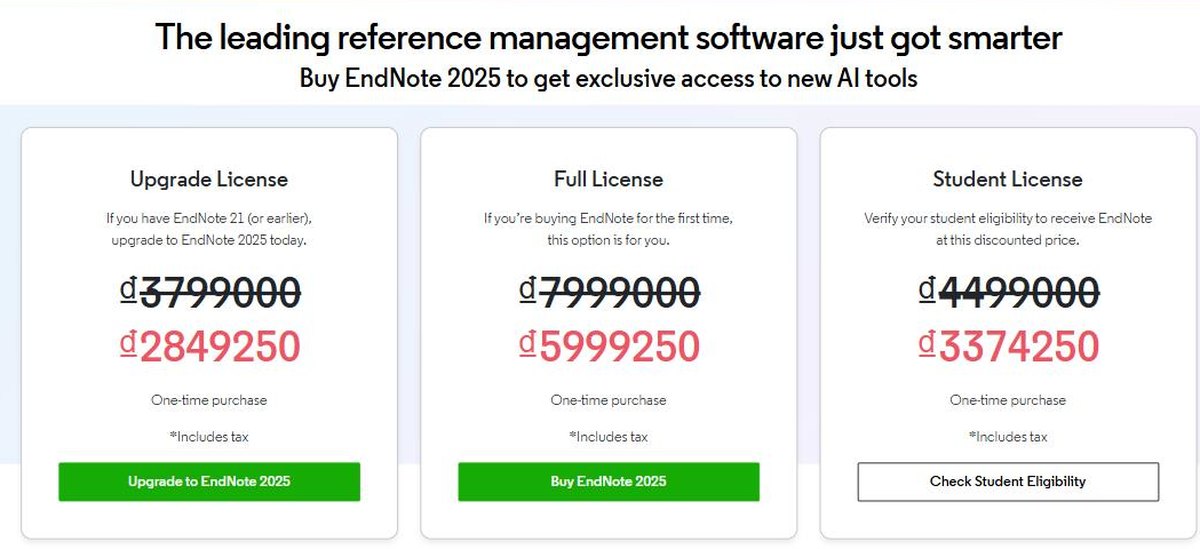 EndNote 2025 pricing with Upgrade Full and Student licences as one time purchases at 25 percent off