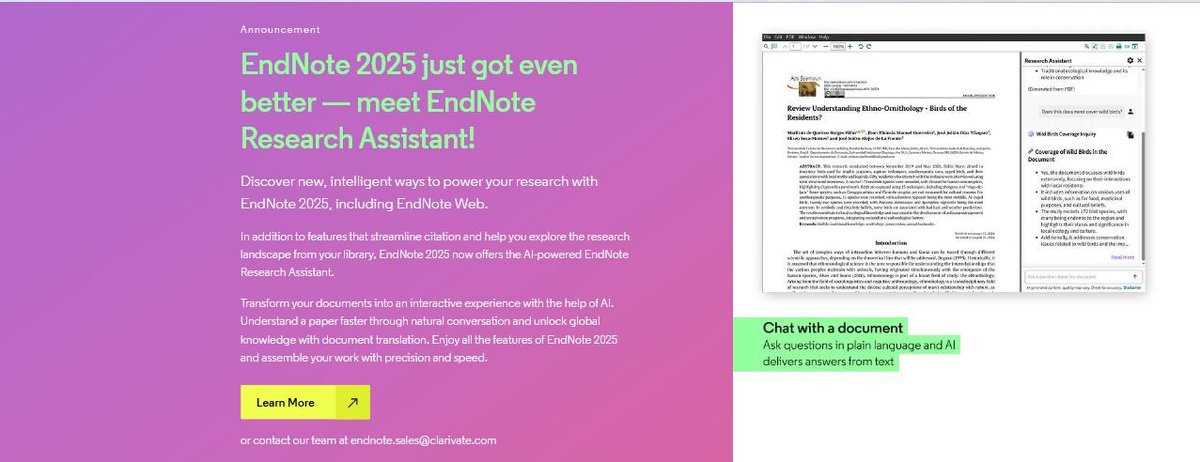 EndNote Research Assistant chat with a document feature announced for EndNote 2025