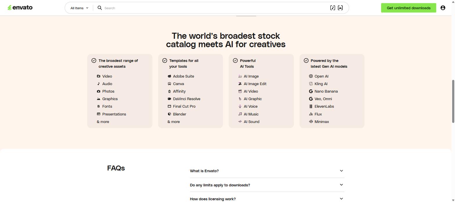 Envato Elements asset categories and the AI models behind its generation tools