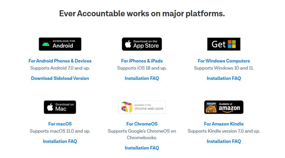 Ever Accountable download page listing Android iOS Windows macOS ChromeOS and Kindle versions